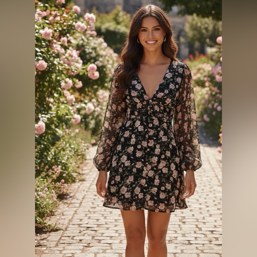 Princess Polly Floral Sheer Long Sleeve Mini Dress Black Pink Romantic Boho 2